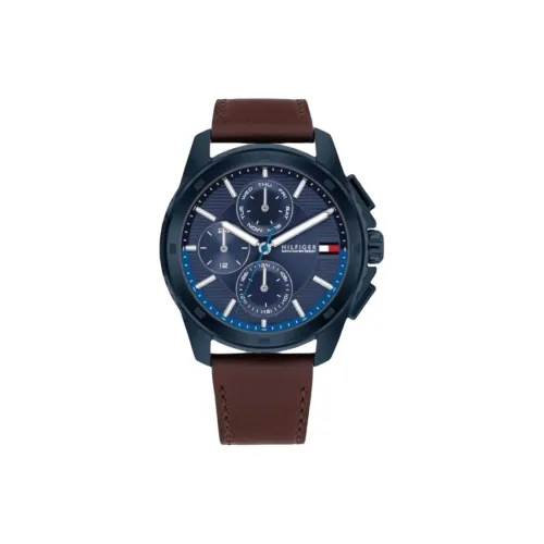 Tommy Hilfiger Мужские часы Кварцевый механизм Кожаный ремешок 44 мм Синий циферблат
