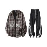 Чёрный серый клетчатый узор + чёрные штаны