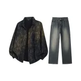 Комплект (Черная рубашка + винтажные синие штаны)