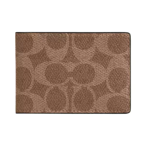 COACH Компактный кошелек из покрытого холста с кожаными вставками маленький женский коричневый и красный