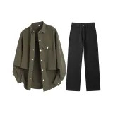 Комплект одежды (Армейская зеленая рубашка + черные штаны)