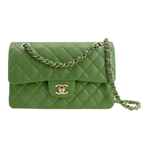 CHANEL Classic Flap CF С рельефом Тисненый Икорный Коровья кожа Сумка с клапаном Сумка через плечо Маленькая Женская Зеленая