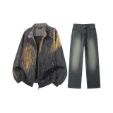 Комплект одежды (Черная куртка + Винтажные синие штаны)