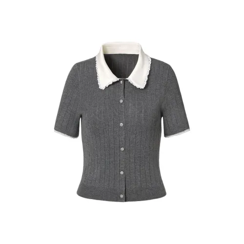 TAMMY TANGS Темно-серый, Воротник Питера Пэна, Кружево, Пэчворк, Женская Трикотажная