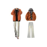 Кофейная куртка + желтые грязные джинсы