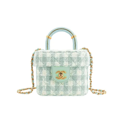 CHANEL Lambskin Tweed Portable Crossbody Сумка для макияжа Маленькая Женская Светло-синий Зеленый