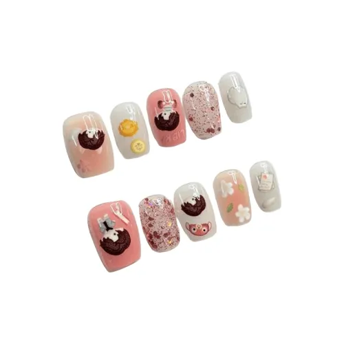 T Z False Nail Укороченный Квадрат Розово-белый Смужка Мультяшный