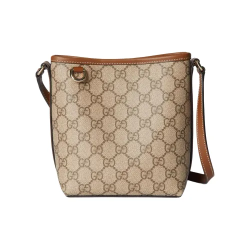 GUCCI GG Emblem Ткань с покрытием Ведрообразная сумка Сумка через плечо Мини Женский Бежевый и Темно-коричневый