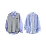 Серый + Светло-синий Полосатый Рубашка + Съемный Черный Брошь