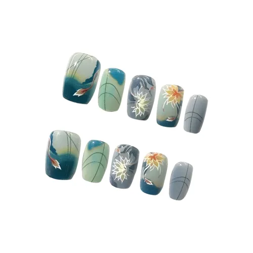 T Z Китайский стиль Water Lily Cat Eye False Nail MID Cropped Icy Clear Green Solid Color New Chinese Style