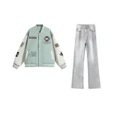 Горох Зеленый Бейсбол Куртка + Дым Серый Джинсы