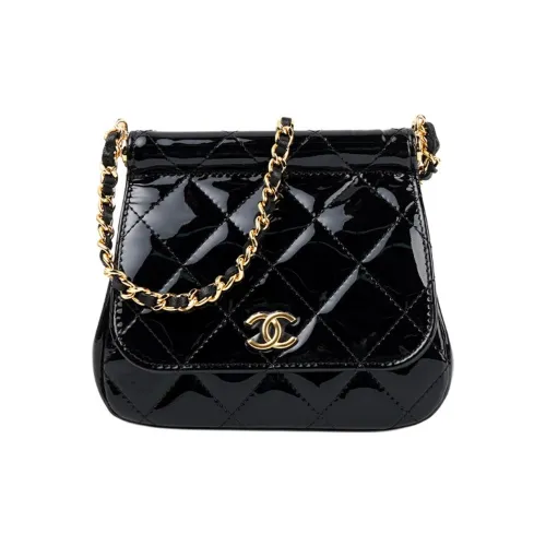 CHANEL 22K Осенний и Зимний Телячья кожа Лакированная кожа And Золотой металл Сумки через плечо Женские Черный