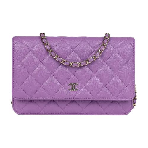 CHANEL Блестящий Икорный Телячья кожа Кошелек на цепочке Сумка с клапаном Сумка через плечо Мини Женская Фиолетовая