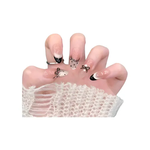 T&Z Witch's Ло Черный Балет Винтаж Little Кошачий глаз False Nail MID Длина Миндаль Черный Однотонный Бант