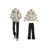 Хаки бейсбольная куртка + черные джинсы