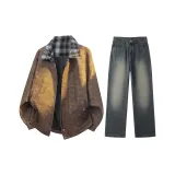 Комплект одежды (Рустикальная коричневая куртка + винтажные синие штаны)