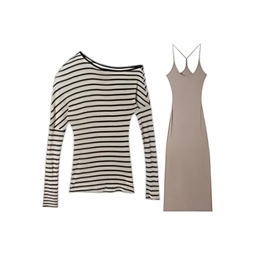 COVER TIME Черный Белый Топ + Хаки Юбка Женские Юбочные Комплекты