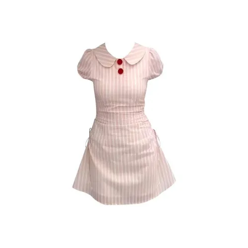 YINLEI Красные полосы Женские Короткие Платья с Короткими Рукавами