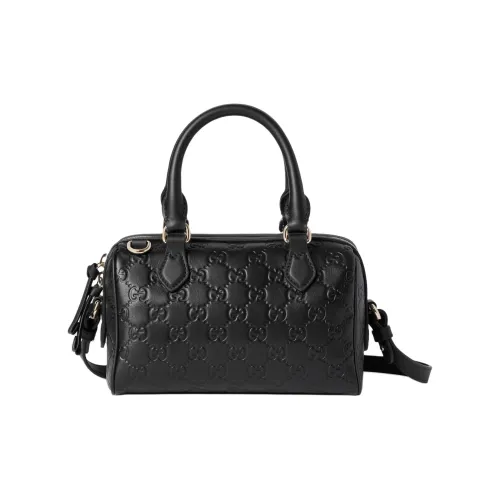 GUCCI GG Emblem кожа Бостон Сумка Одно плечо Сумка Маленькая Женская Черная