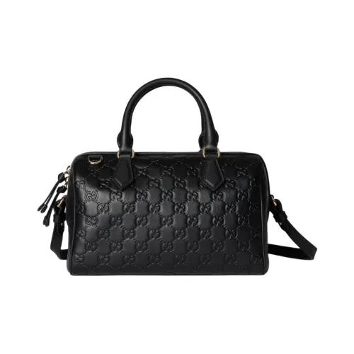 GUCCI GG Emblem Кожа Бостон Сумка через плечо Сумка Сумка среднего размера Женская Черная