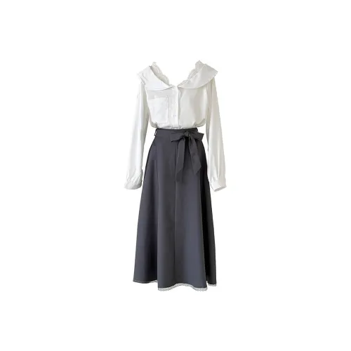 SYEEE WITH U Белая длинная рубашка с длинным рукавом + серая юбка, комплект одежды, женские юбочные комплекты