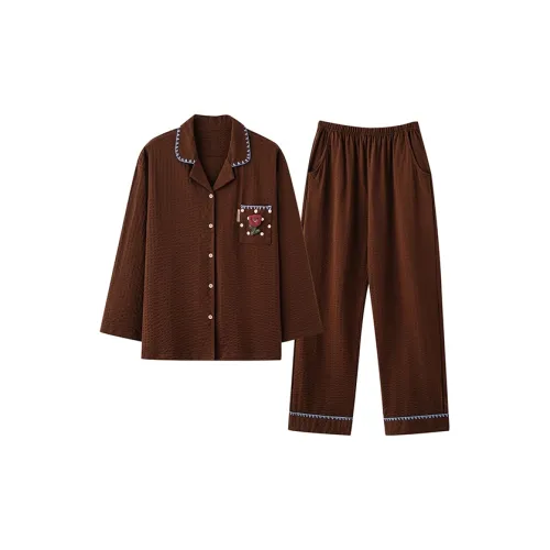 TLXT Коричневый Длинный Рукав Брюки Одежда Комплекты Женские Пижамные Наборы