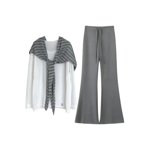 PNVB Белый Круглый вырез Длинный рукав Топ + Полосатая Шаль + Серые Штаны Женские Повседневные Костюмы
