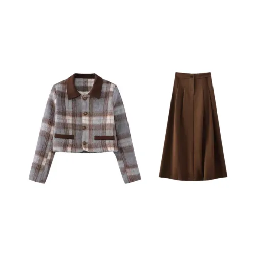 GORGEOUSIDEA Клетчатая куртка + коричневая длинная юбка, женский комплект с юбкой