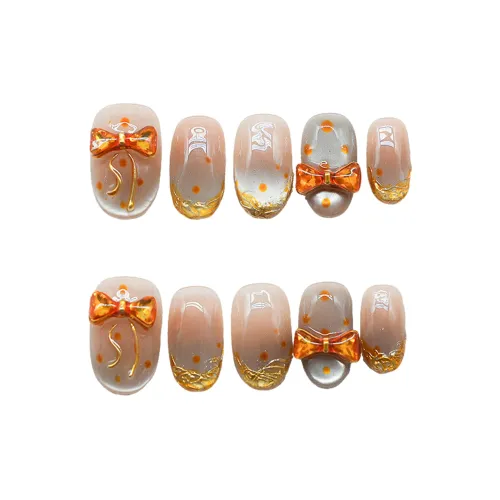 OEING Handcrafted False Nail Золотая фольга Полка Дот Бант Кожа Flattering Премиум Накладной Ногтевой дизайн Овал Золотой Градиентный Блестящий