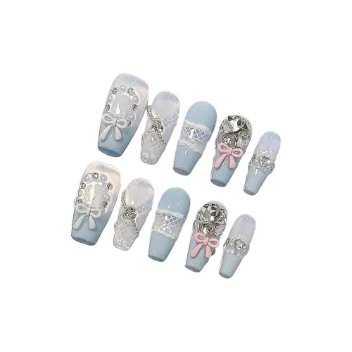 OEING Сладкий стиль Кружево Бант Handcrafted False Nail MID Длина Девичий Сердце Синий Jump Цвет Милый