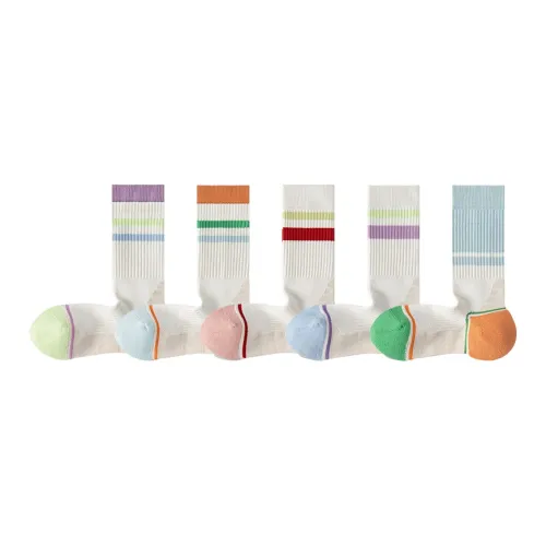 MADALLO [5 пар] Фиолетовый Двойной Манжет + Оранжевый Двойной Манжет + Красный Двойная Полоска + Фиолетовый Двойная Полоска + Синий Верхний Трубка Женские MID Носки до икры