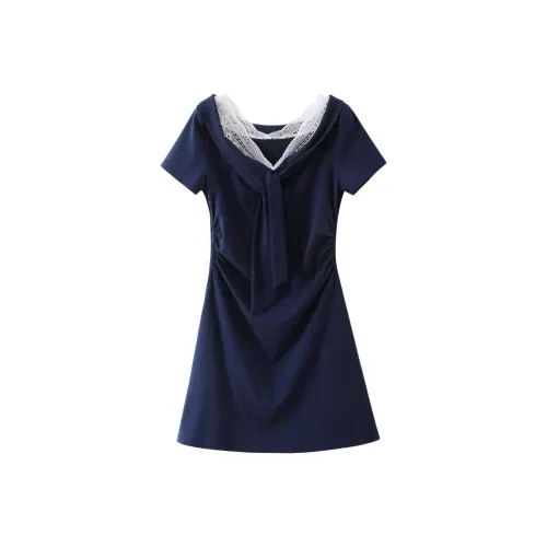 XIMENG Короткий рукав Платье Женское Темно-синий