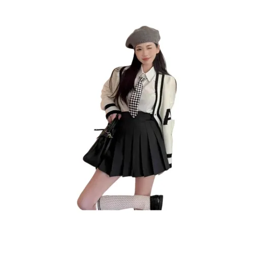 Mu Qingqing Белая рубашка + галстук + юбка с оборками + свитер женские комплекты с юбкой