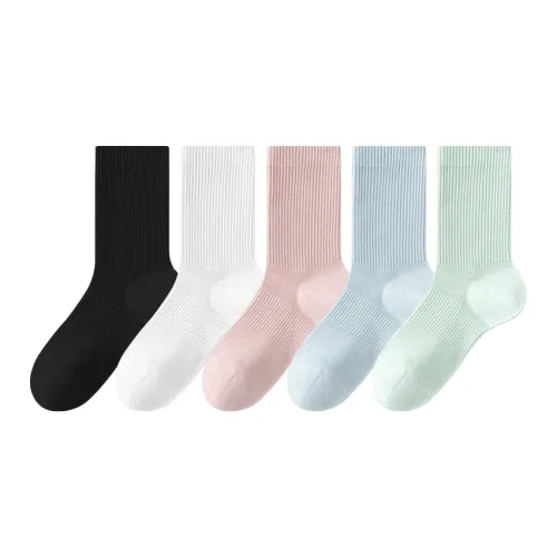 MADALLO [5 пар] Черный + Ярко-белый + Вишневый цветок Розовый + Молочно-синий + Мятно-зеленый Женские носки MID до икры