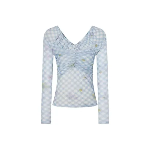 EMDPN Синие Клетчатые Женские T-Рубашки