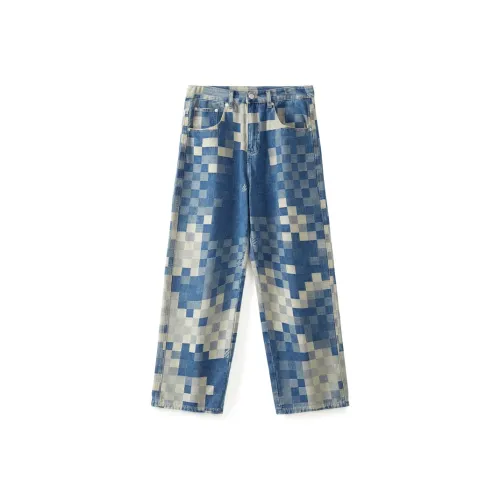 GUJOOCOW Синий Шахматный узор Унисекс Джинсы