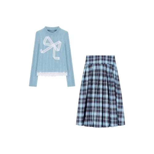 ONNFB Синий топ + Клетчатая юбка Женские комплекты с юбкой