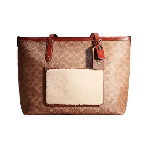 COACH Central Подпись Покрытый холст Утонченная Телячья кожа Тоут Сумка Сумка для покупок Сумка через плечо Женская Коричневая