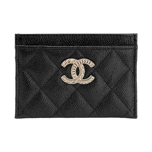 CHANEL Рельефный Икорный Корова Кожа Держатель для Карт Женский Черный