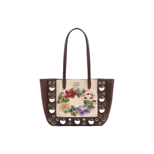Valentino Linen Tote Bag Shopping Bag Shoulder Bag Mini Women's Deep Brown Multicolor