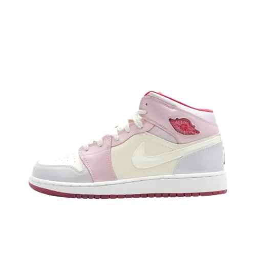 Jordan Air Jordan 1 MID Топ Детские Баскетбольные Кроссовки Бежевый Белый Розовый Подростки