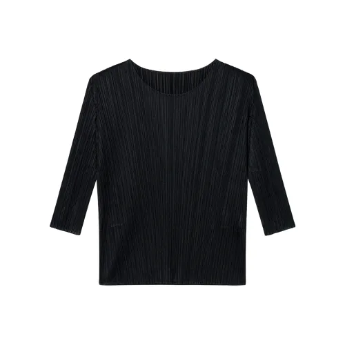 PLEATS PLEASE ISSEY MIYAKE Однотонная рубашка с круглым вырезом облегающий крой 3 4 длинный рукав женская черная