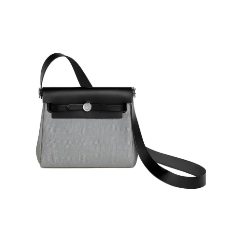 HERMES Herbag Zip Холщовая Сумка через плечо Женская Черная и Серая