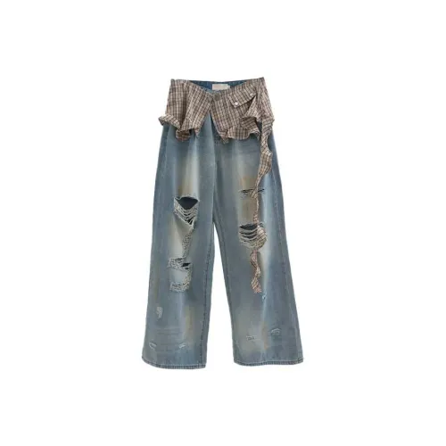 LOWEAR Check Wrap Ремень Повреждение Деним Брюки Джинсы Женские