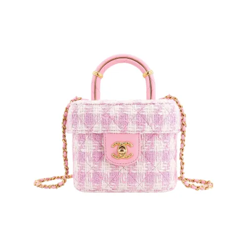 CHANEL Lambskin Tweed Portable Single Shoulder Crossbody Makeup Bag Small Women's Pink White CHANEL Овечья шкура Твид Портативный Одно плечо Через плечо Косметичка Маленькая Женская Розовый Белый