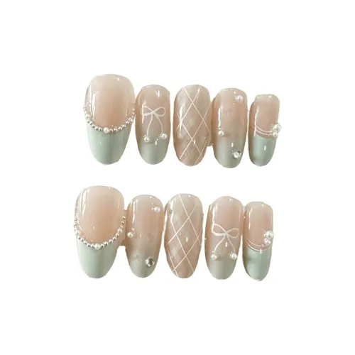 T Z Французская Sea Salt Mint Клетка False Nail Medium Oval Cropped Кремовый Зеленый Градиент Bowknot