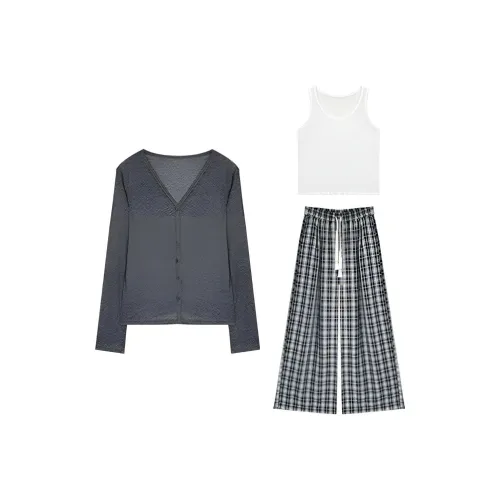 COVER TIME Серый топ + Черные штаны Женские Повседневные костюмы