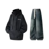 Комплект (черный топ+винтажные синие брюки)