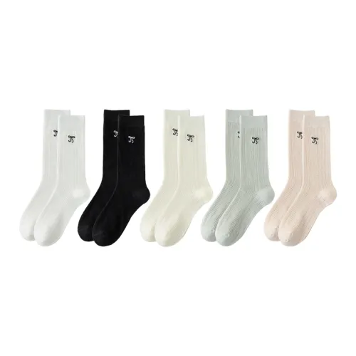 MADALLO [5 пар] Белый + Черный + Молочный Белый + Светло-Серый + Светло-Розовый Женские носки MID до икры