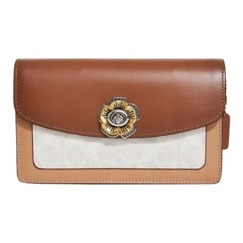 COACH Паркер Покрытый холст с утонченной телячьей кожей Сумка через плечо Маленькая Женская Коричневая Монограмма